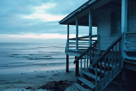 Old wooden beach house standing over the water with waves crashing on shore on a cloudy dayの素材