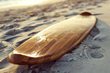 Polished wooden surfboard is reflecting the golden light of the setting sun on a sandy beachの素材