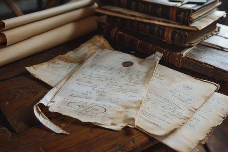 Old documents and papers are lying on a wooden table with a stack of books, creating a vintage and historical atmosphereの素材
