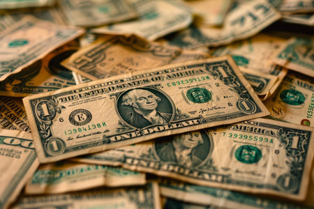 Close up image of a pile of one dollar bills, creating a background texture of american currencyの素材