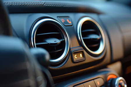 Air conditioning vent directing cool air in a modern car interiorの素材