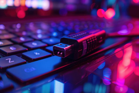 Usb flash drive is lying on a laptop keyboard, illuminated by vibrant neon lightsの素材