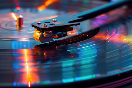 Vinyl record is spinning on a turntable, with colorful lights reflecting off its surfaceの素材