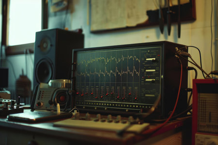 Vintage music studio control room with analog audio equipment showing sound wave form on screenの素材