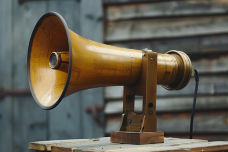 Old fashioned wooden megaphone standing on a table outdoors, in front of a blurred backgroundの素材