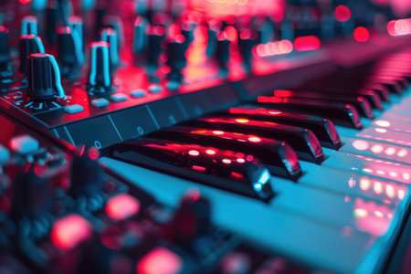 Electronic piano keyboard is being lit by red and blue stage lights at a concert or music festivalの素材