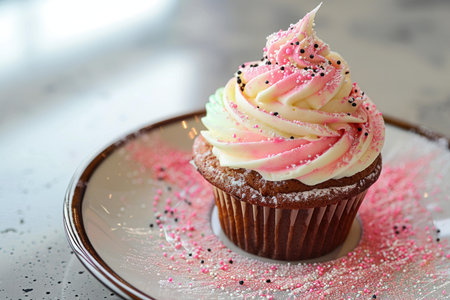Cupcake with pink and white icing sprinkled with red and black sprinkles sits on a plateの素材