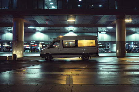 White delivery van is parked outside a building at night, waiting to be loaded or unloadedの素材