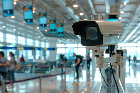 Security camera is monitoring passengers waiting for boarding in airport terminalの素材