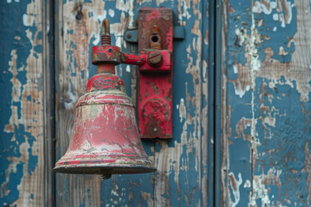 Old, rusty, red bell is hanging on a blue door, showing its age and wearの素材