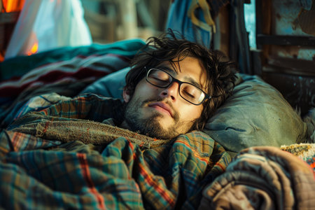 Young hipster artist sleeping peacefully in his vanの素材