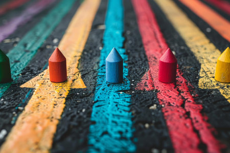 Blue pawn standing out from the crowd on colorful arrows showing the concept of innovationの素材