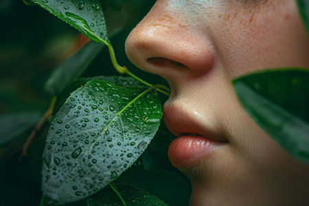 Close up of a young woman smelling green leaves with raindrops, enjoying the fresh air and the beauty of nature after the rain in a forestの素材