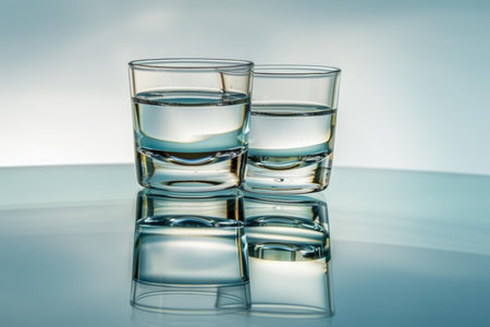Two short glasses standing on a reflective surface with water inside, creating a reflectionの素材