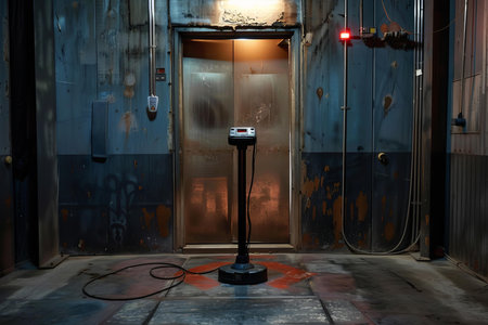Industrial scale is standing in front of a freight elevator inside of a dirty and poorly lit warehouseの素材