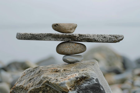 Stack of balancing rocks forming a zen like sculpture by the waterの素材
