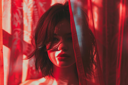 Portrait of a young woman with dark hair illuminated by red light shining through red curtainsの素材
