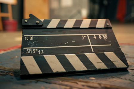 Vintage black and white movie slate is sitting on a table, ready for the next shotの素材