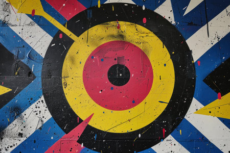 Colorful abstract geometric target design is painted on a wall using yellow, red, white, and blue paintの素材