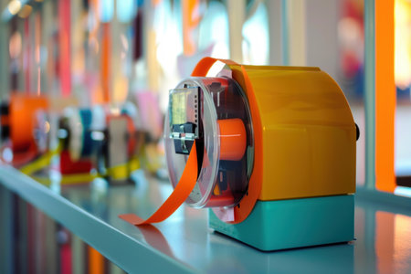 Label maker dispensing orange label standing on blue desk with other label makers out of focus in backgroundの素材