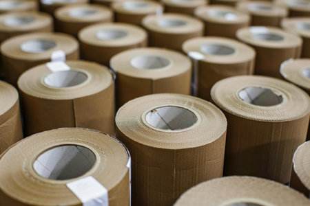 Large group of cardboard paper rolls, tightly packed and ready for shippingの素材
