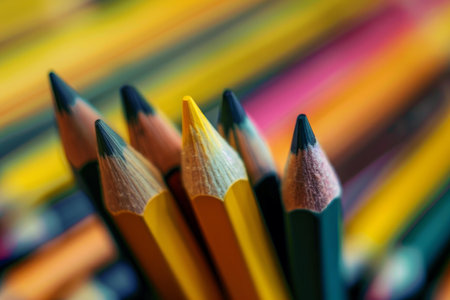 Macro photograph of sharpened pencils pointing up with a colorful background of blurred pencilsの素材