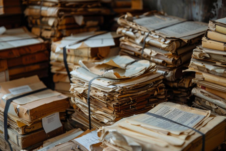 Stacks of old papers are piled up and bundled with string, showing aging and decayの素材