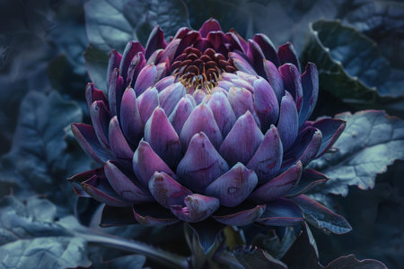 Purple artichoke flower is blooming in a garden, displaying its vibrant violet petalsの素材