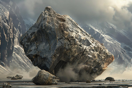 Giant rock is falling from a mountain, creating a dust cloud as it crashes into the groundの素材