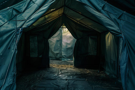 Large empty military tent with its entrance open and light shining throughの素材