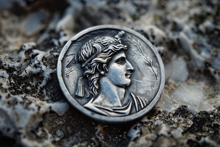 Ancient roman silver coin showing the profile of emperor caesar augustus is resting on a stoneの素材