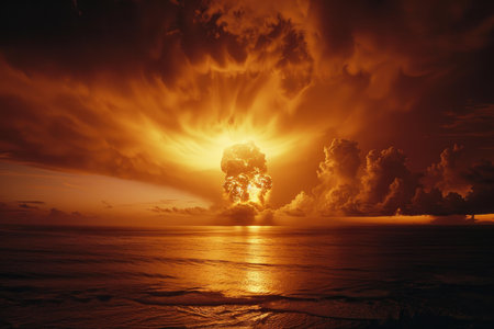 Nuclear explosion forming mushroom cloud over ocean at sunsetの素材
