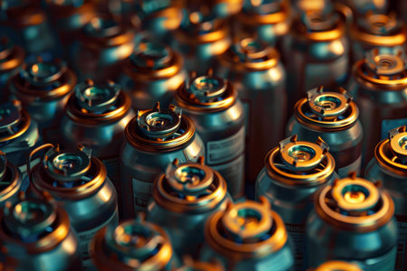 Closeup of many identical metal gas cylinders standing next to each other in dim lightingの素材