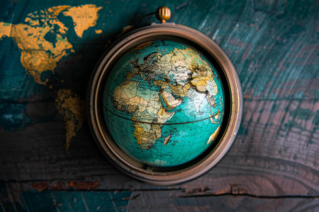 Vintage globe with a focus on africa, europe and asia, displayed on a world map backgroundの素材