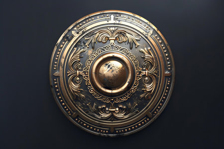 Circular shield with intricate gold details and a distressed finish, evoking ancient greek craftsmanship and warfareの素材