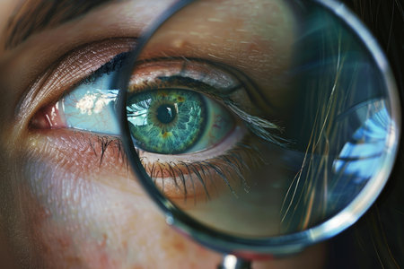 Magnifying glass is revealing a beautiful green eye of a young woman, emphasizing the concepts of research, observation, and curiosityの素材