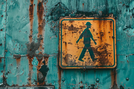 Rusty pedestrian crossing sign is attached to a weathered wall, symbolizing urban decay and the passage of timeの素材