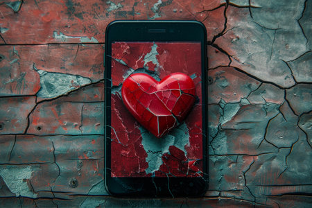 Broken heart displayed on a smartphone screen placed on a cracked background symbolizing heartbreak and break upの素材