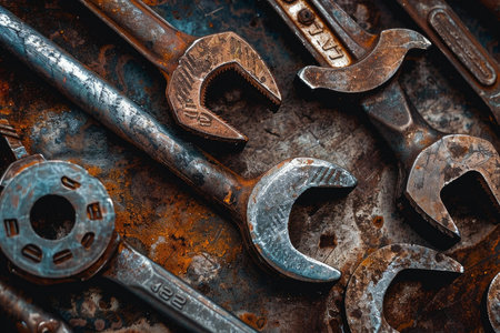 Many rusty old wrenches are lying on a grunge metal surfaceの素材