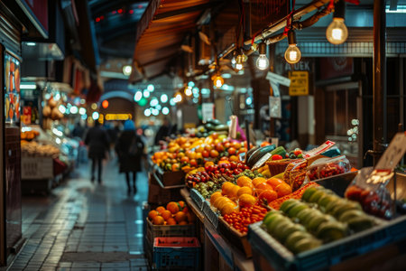 Colorful fruit and vegetable stall is illuminated at night with shoppers walking by in the backgroundの素材
