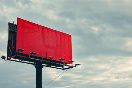 Red empty billboard is standing under a cloudy sky, waiting to be used for advertisingの素材