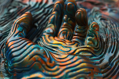 Abstract 3d rendered image of a hand sculpture, featuring a colorful and textured wavy patternの素材