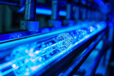 Water bottles moving along a conveyor belt and being sterilized with ultraviolet lightの素材