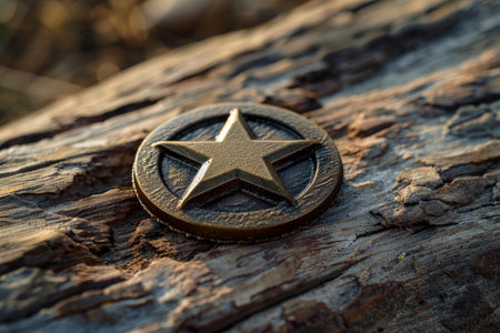 Golden star decoration is lying on a rustic wood surface, possibly symbolizing achievement or excellenceの素材