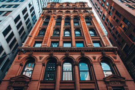 Ornate brick office building facade towers over the photographer, showcasing its intricate detailsの素材
