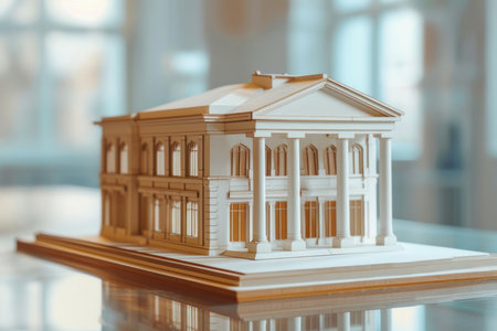 Architectural model of a classic style building is sitting on a table and lit by natural lightの素材