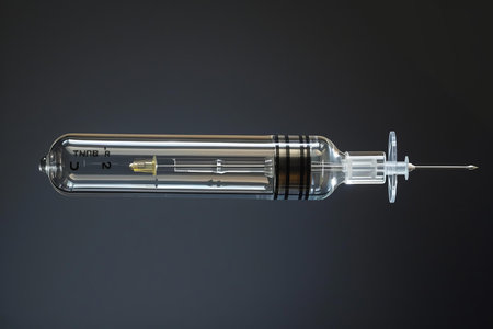 Glass syringe with the plunger depressed, suggesting the administration of medicine or a scientific experimentの素材