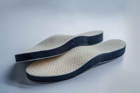 Pair of new orthopedic shoe insoles is lying on a white surfaceの素材
