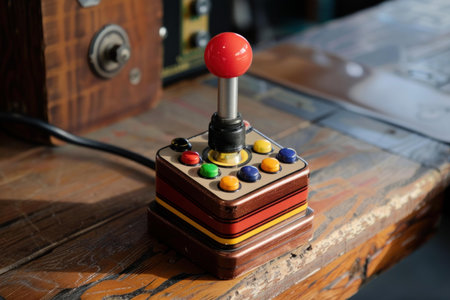 Vintage arcade joystick with colorful buttons is sitting on a rustic wooden tabletopの素材