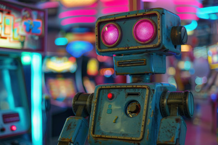 Old robot with glowing eyes standing in an arcade filled with colorful lightsの素材